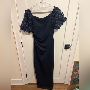 Xscape Navy Floor Length Gown with Floral Appliqué Sleeves Size 10